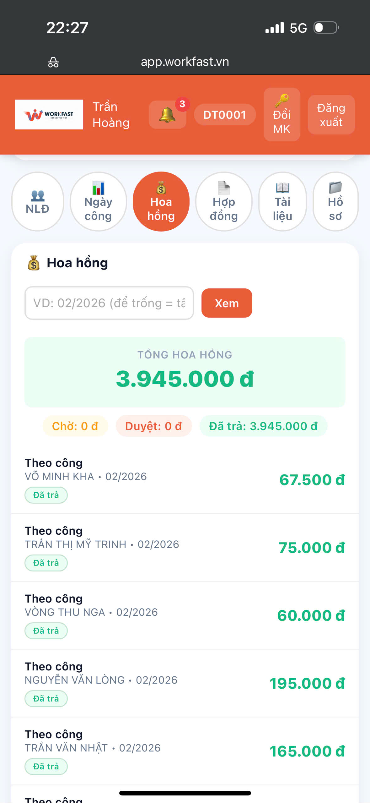 App Workfast — bảng hoa hồng đối tác Trần Hoàng tổng 3.945.000đ