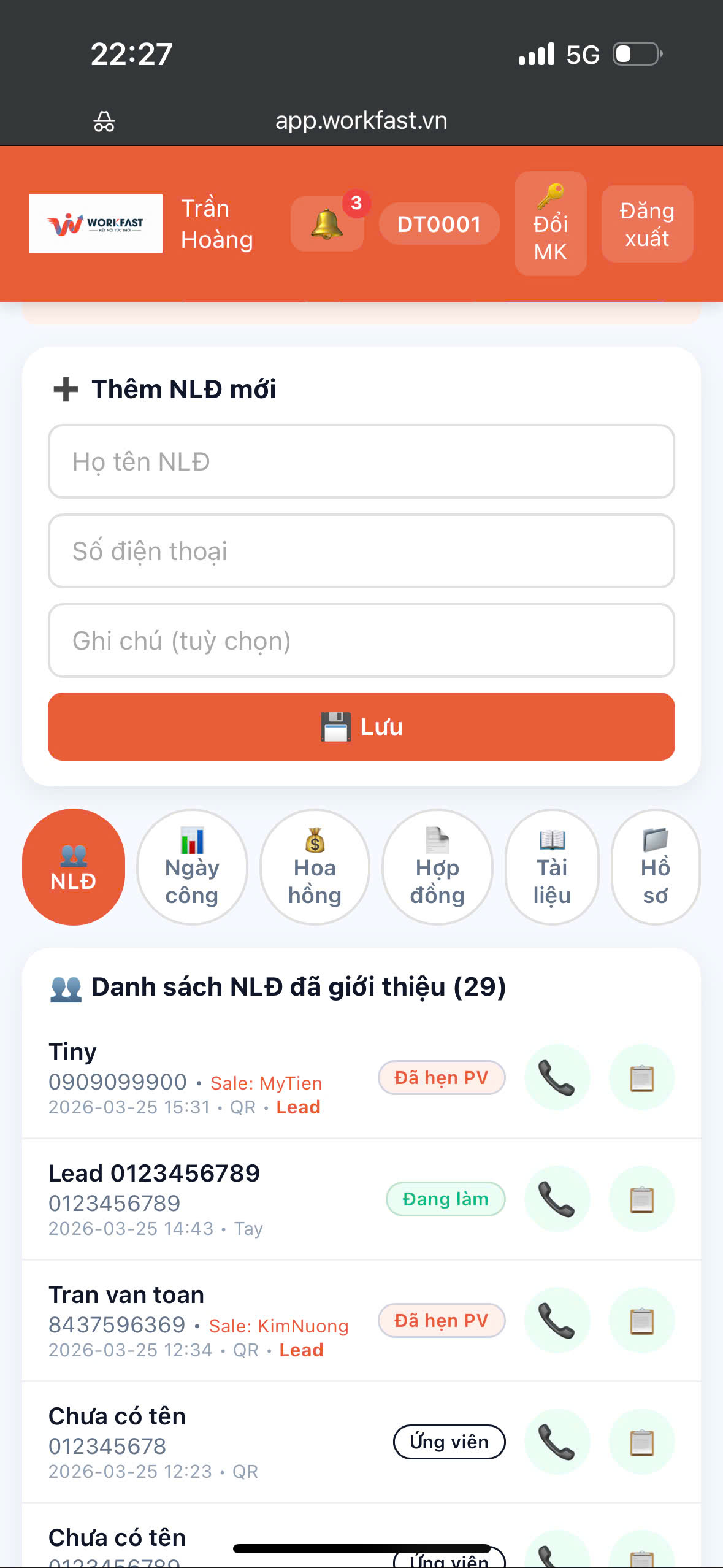 App Workfast — màn hình quản lý NLĐ đã giới thiệu